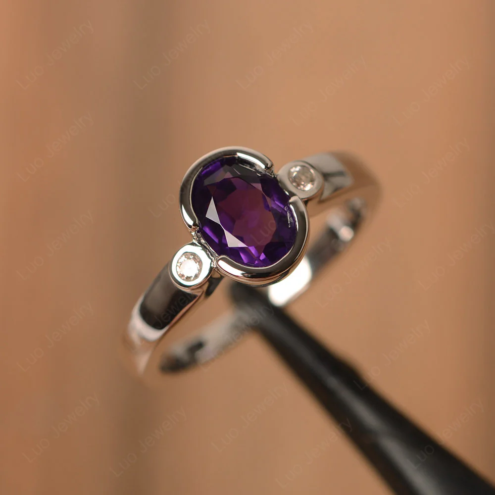 Vintage Amethyst Ring Oval Bezel Set Ring - Image 2