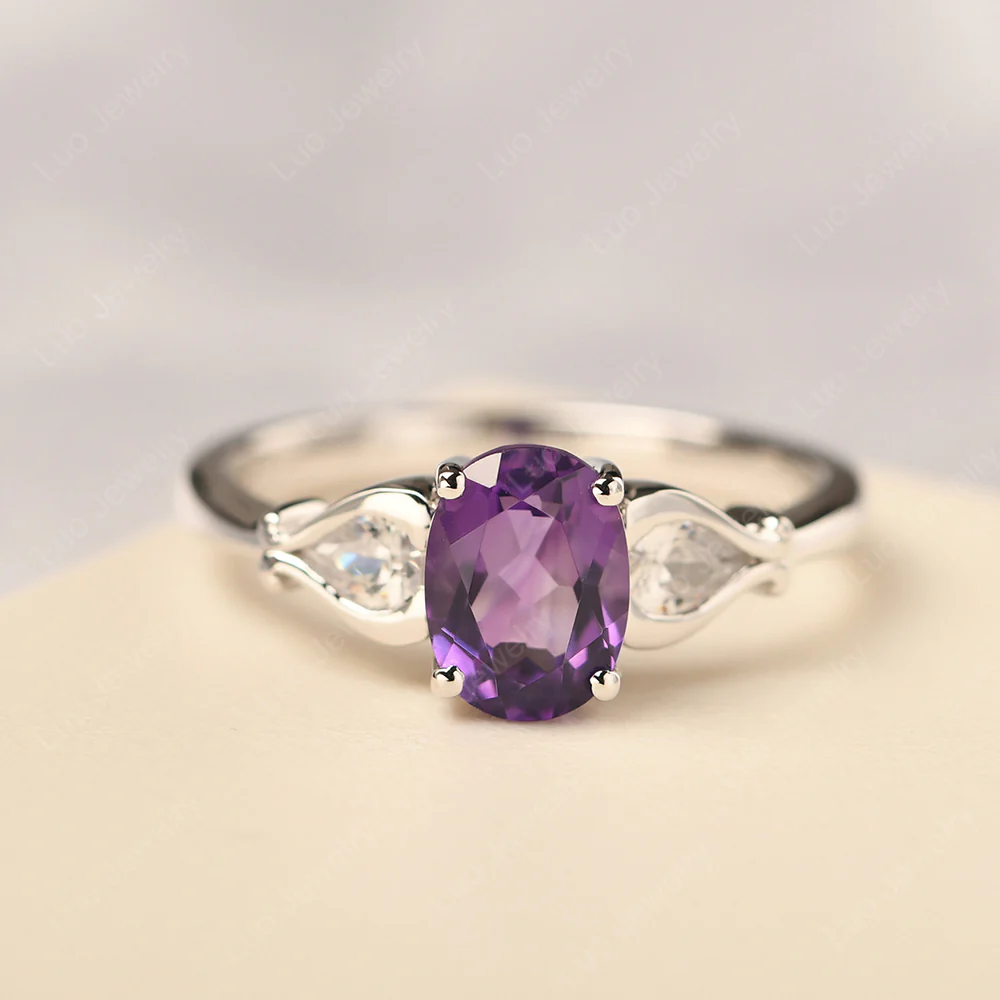 Amethyst Engagement Ring with Pear Side Stones
