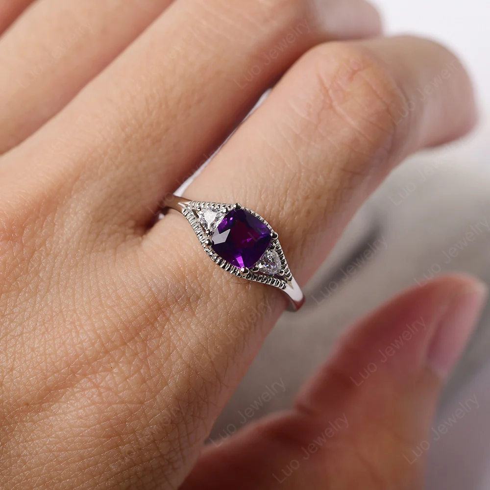 Amethyst Three Stone Cushion Cut Ring - Image 5