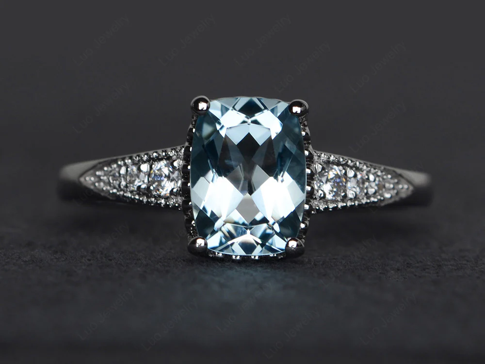 Vintage Style Aquamarine Cushion Cut Ring