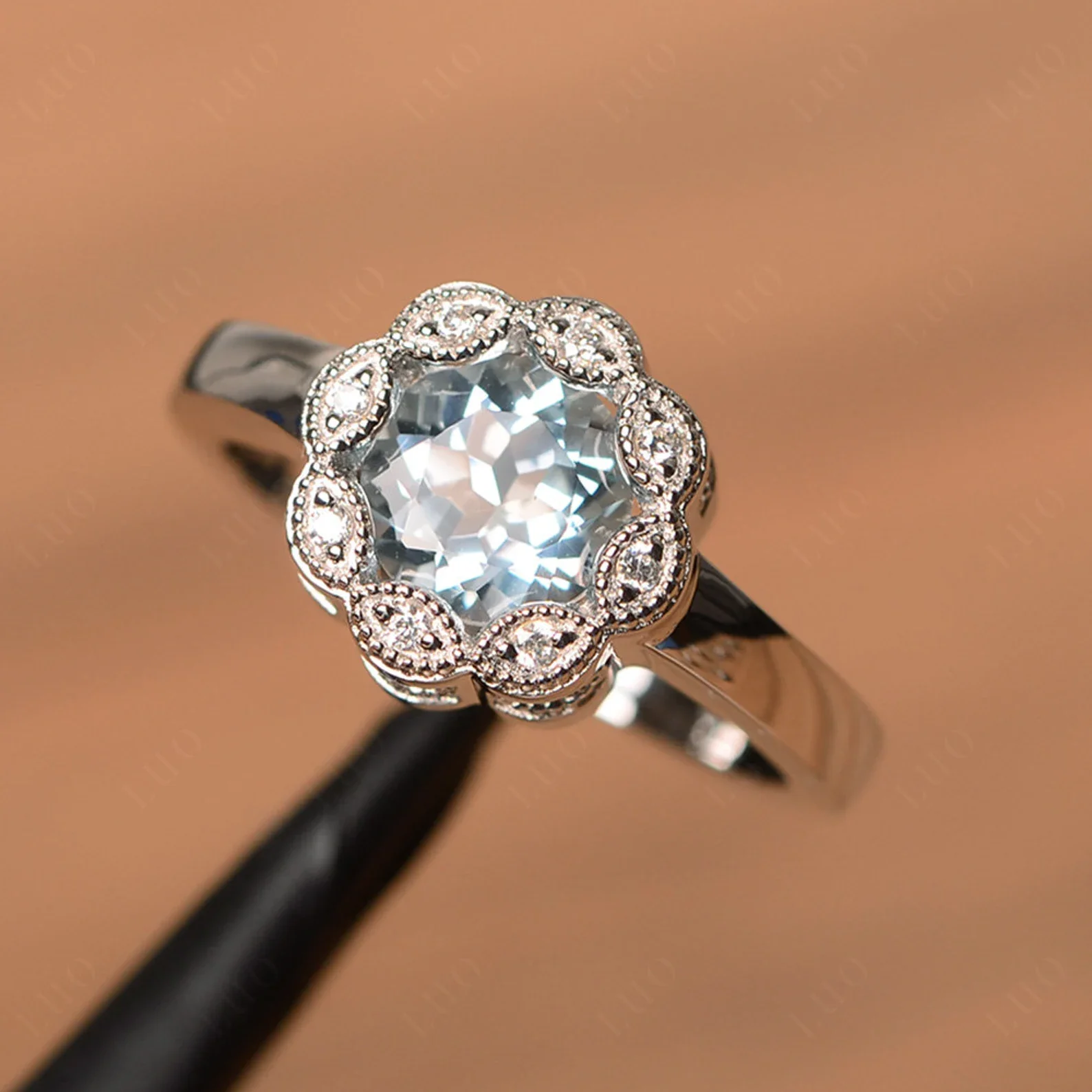 Vintage Aquamarine Ring Halo Flower Ring - Image 10