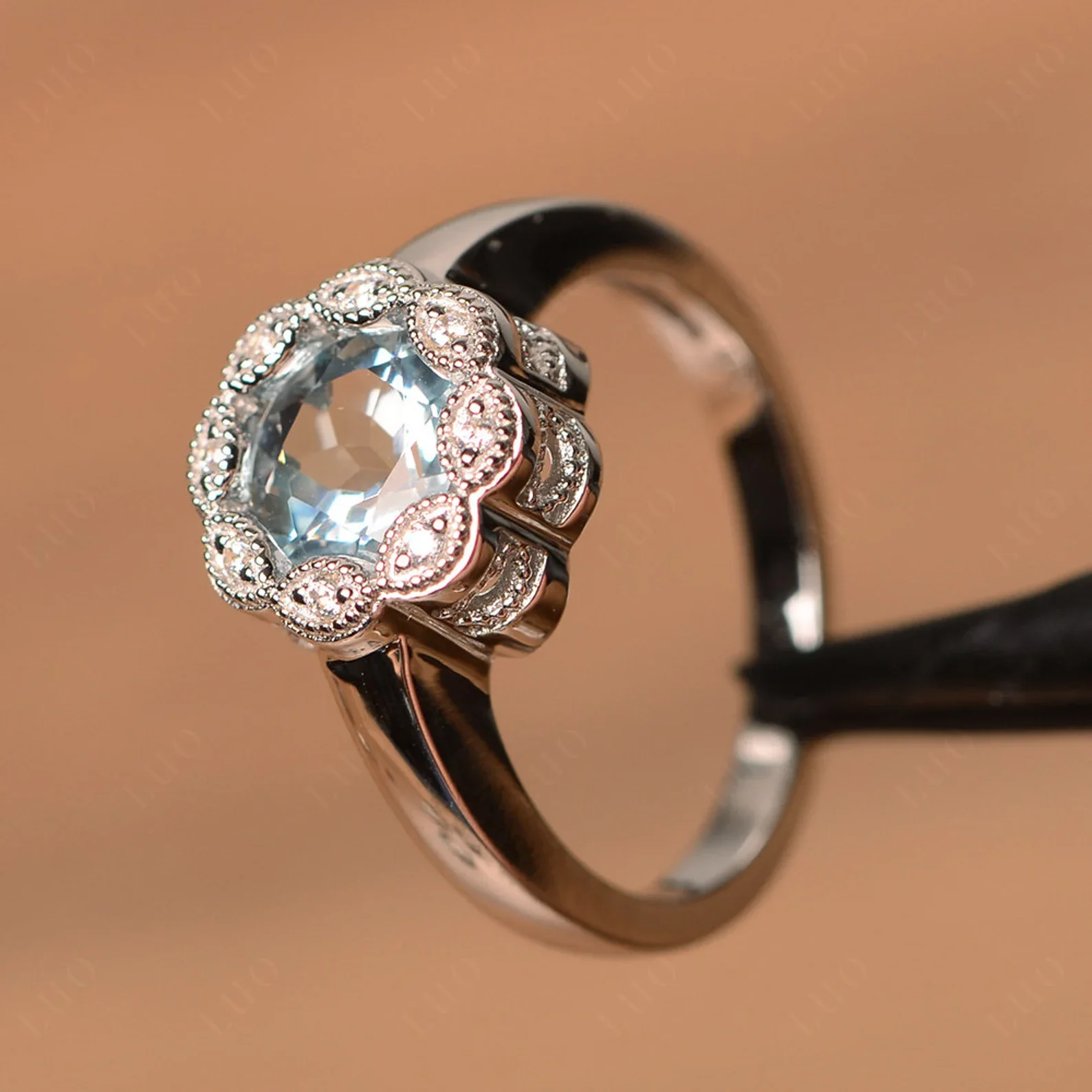 Vintage Aquamarine Ring Halo Flower Ring - Image 11