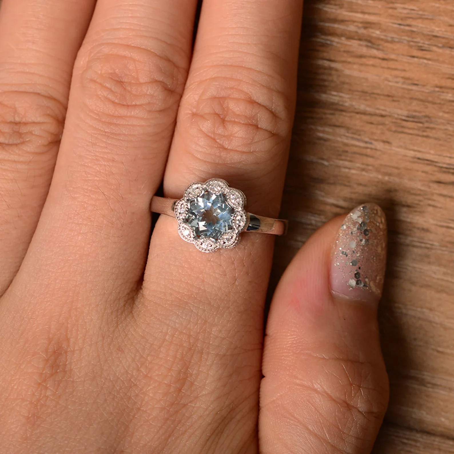 Vintage Aquamarine Ring Halo Flower Ring - Image 13