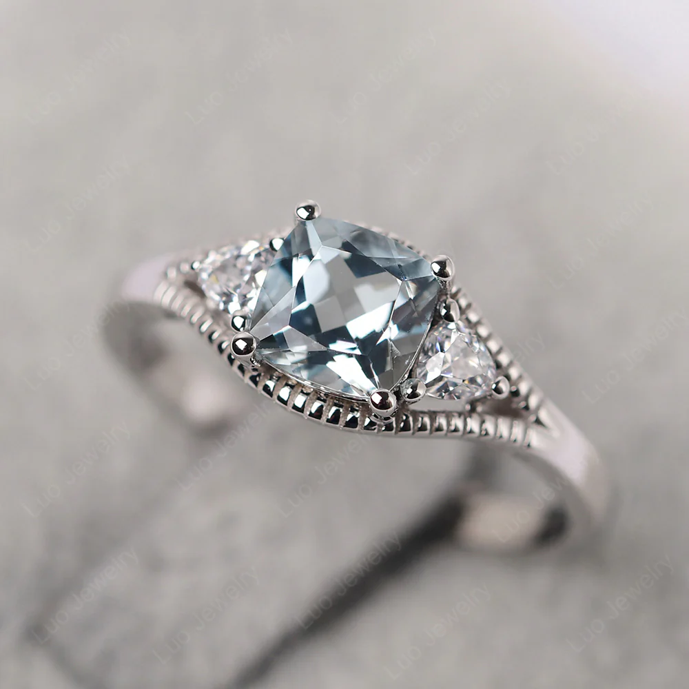 Aquamarine Three Stone Cushion Cut Ring