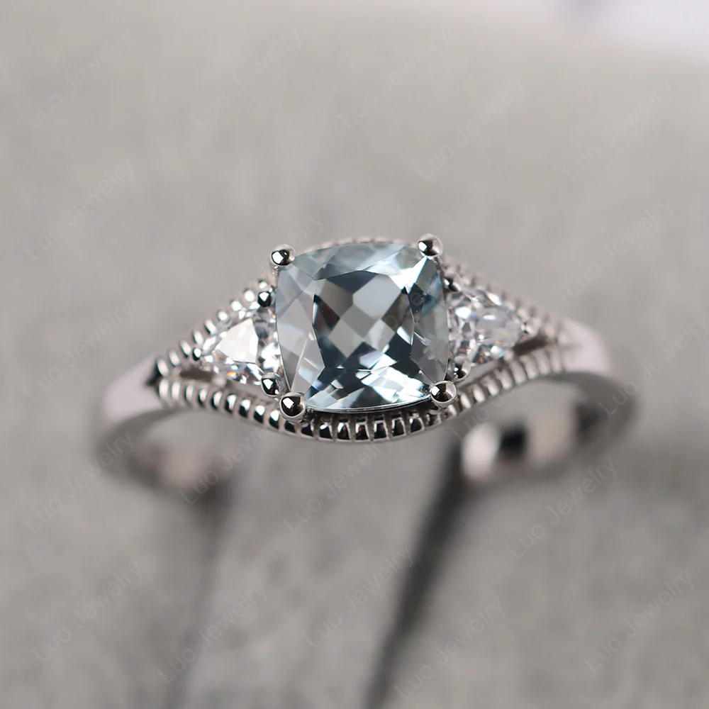 Aquamarine Three Stone Cushion Cut Ring - Image 2