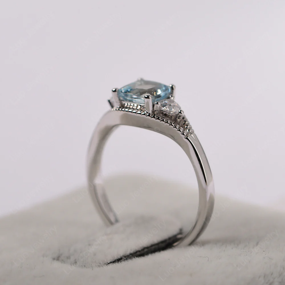 Aquamarine Three Stone Cushion Cut Ring - Image 3