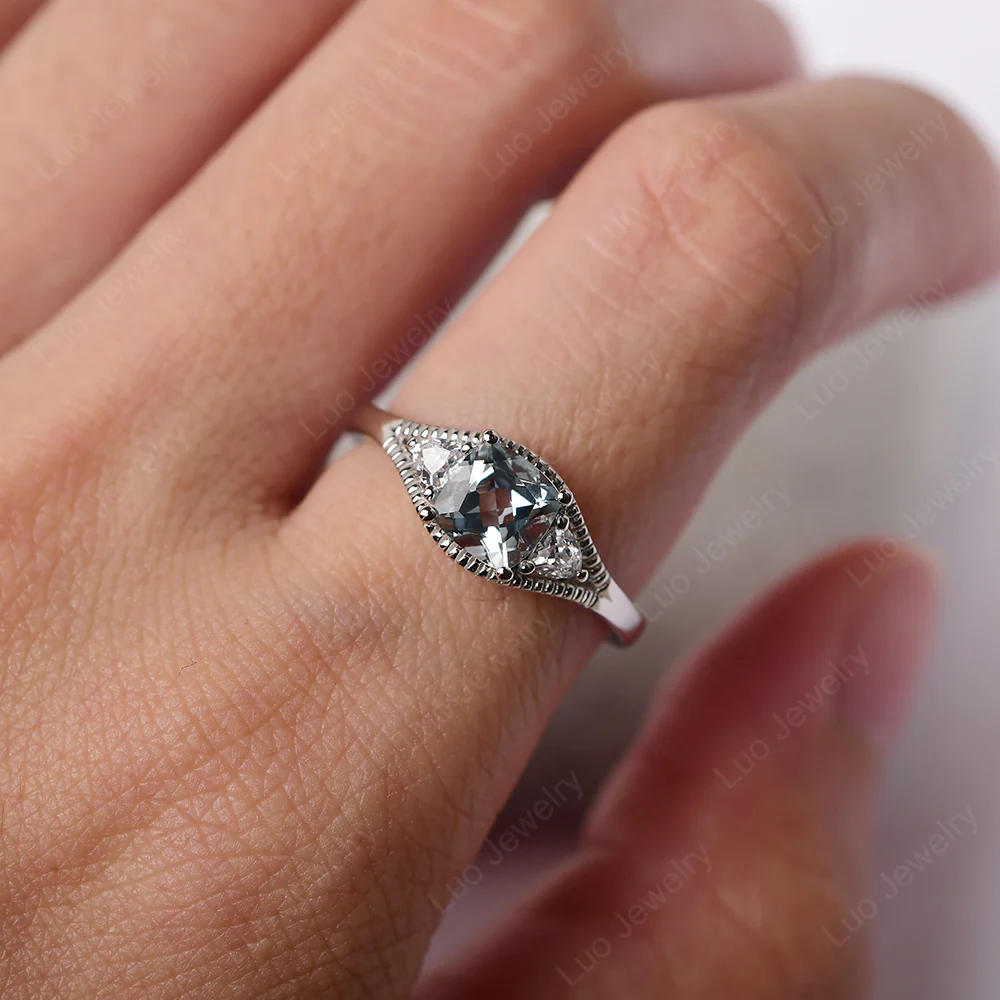 Aquamarine Three Stone Cushion Cut Ring - Image 5