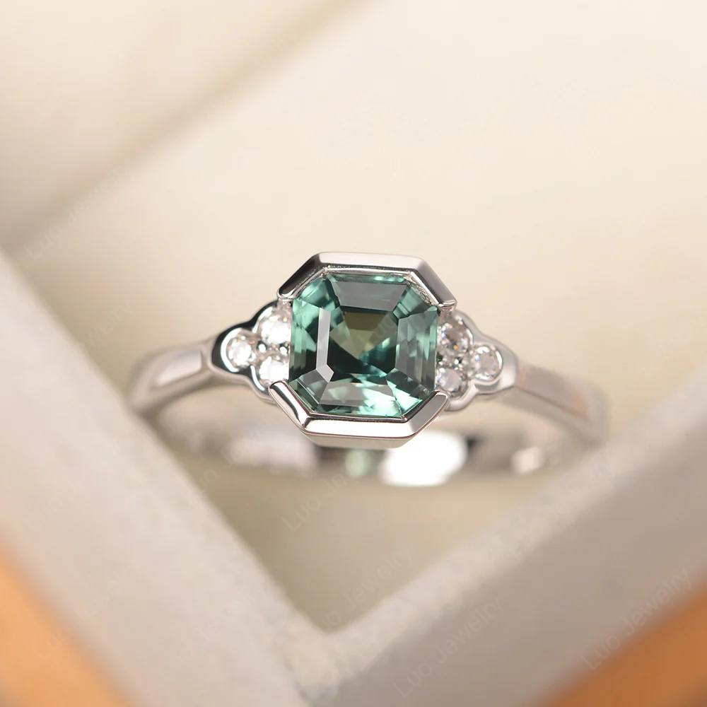 Vintage Asscher Cut Green Sapphire Ring