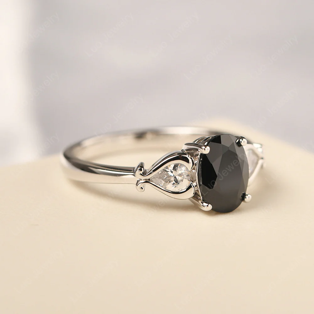 Black Spinel Engagement Ring with Pear Side Stones - Image 2
