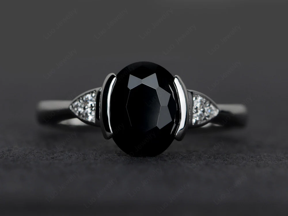 Oval Black Spinel Half Bezel Set Ring