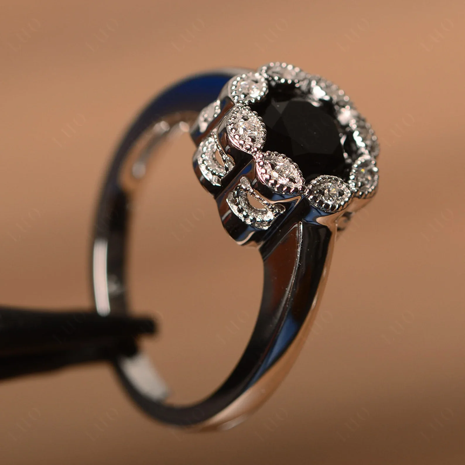Vintage Black Spinel Ring Halo Flower Ring - Image 11