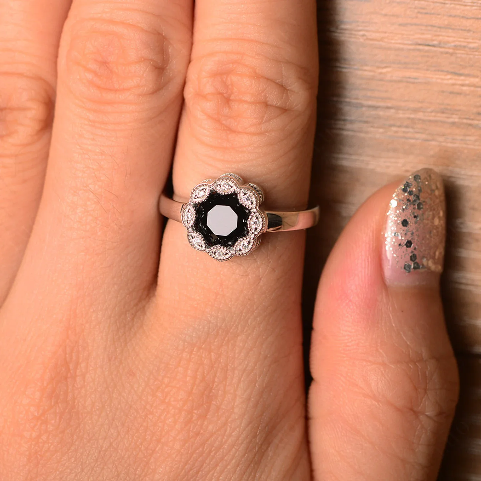 Vintage Black Spinel Ring Halo Flower Ring - Image 13
