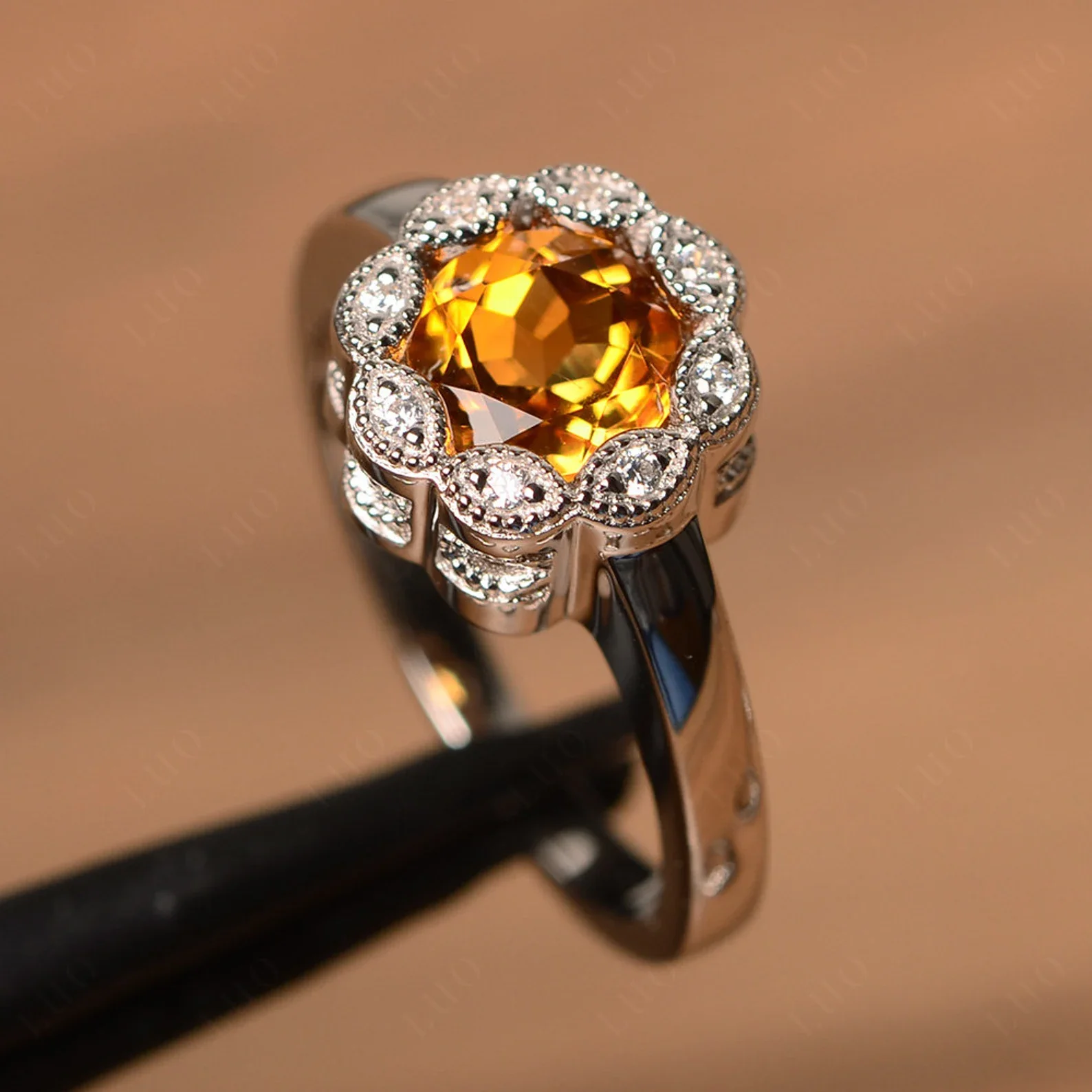 Vintage Citrine Ring Halo Flower Ring - Image 10