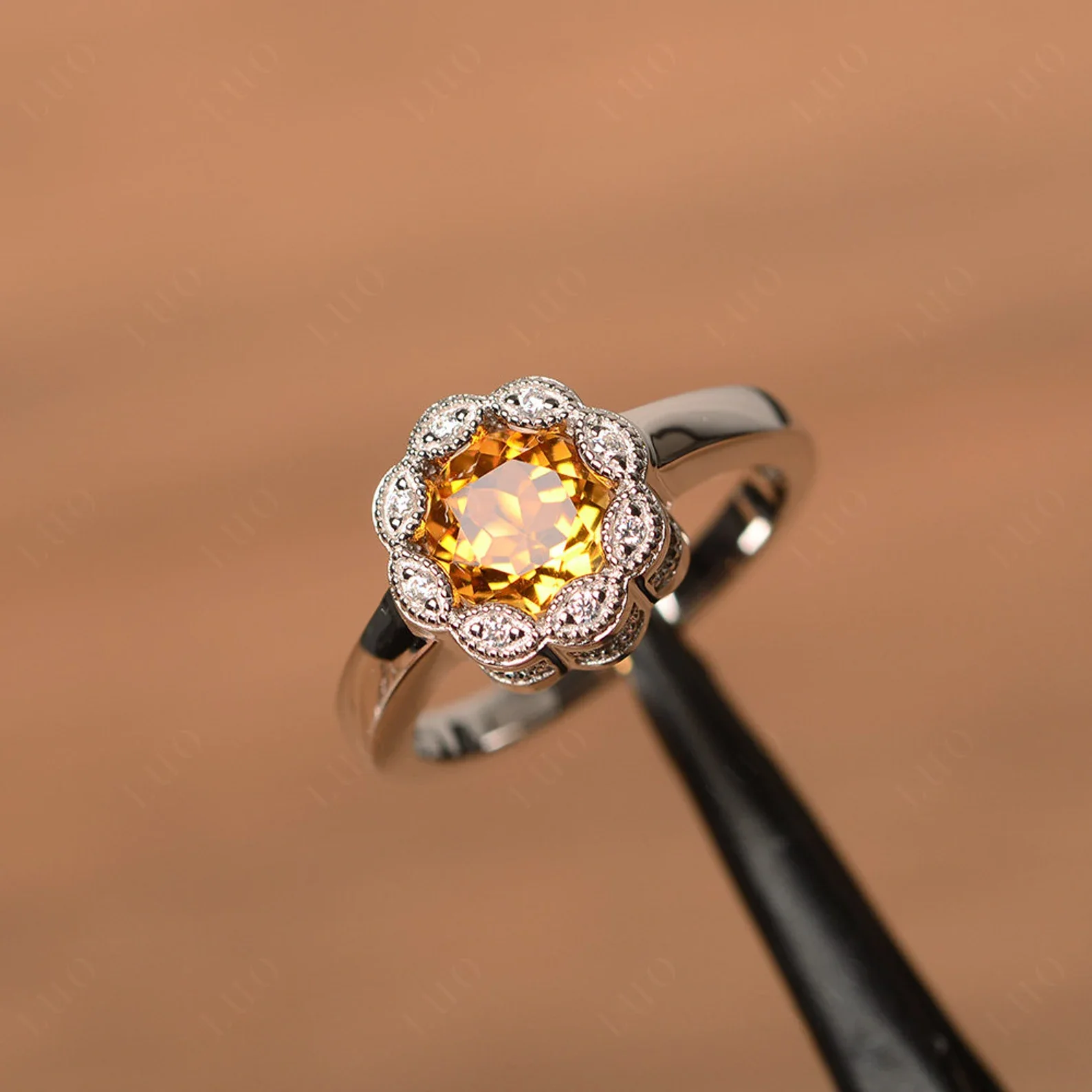 Vintage Citrine Ring Halo Flower Ring - Image 11