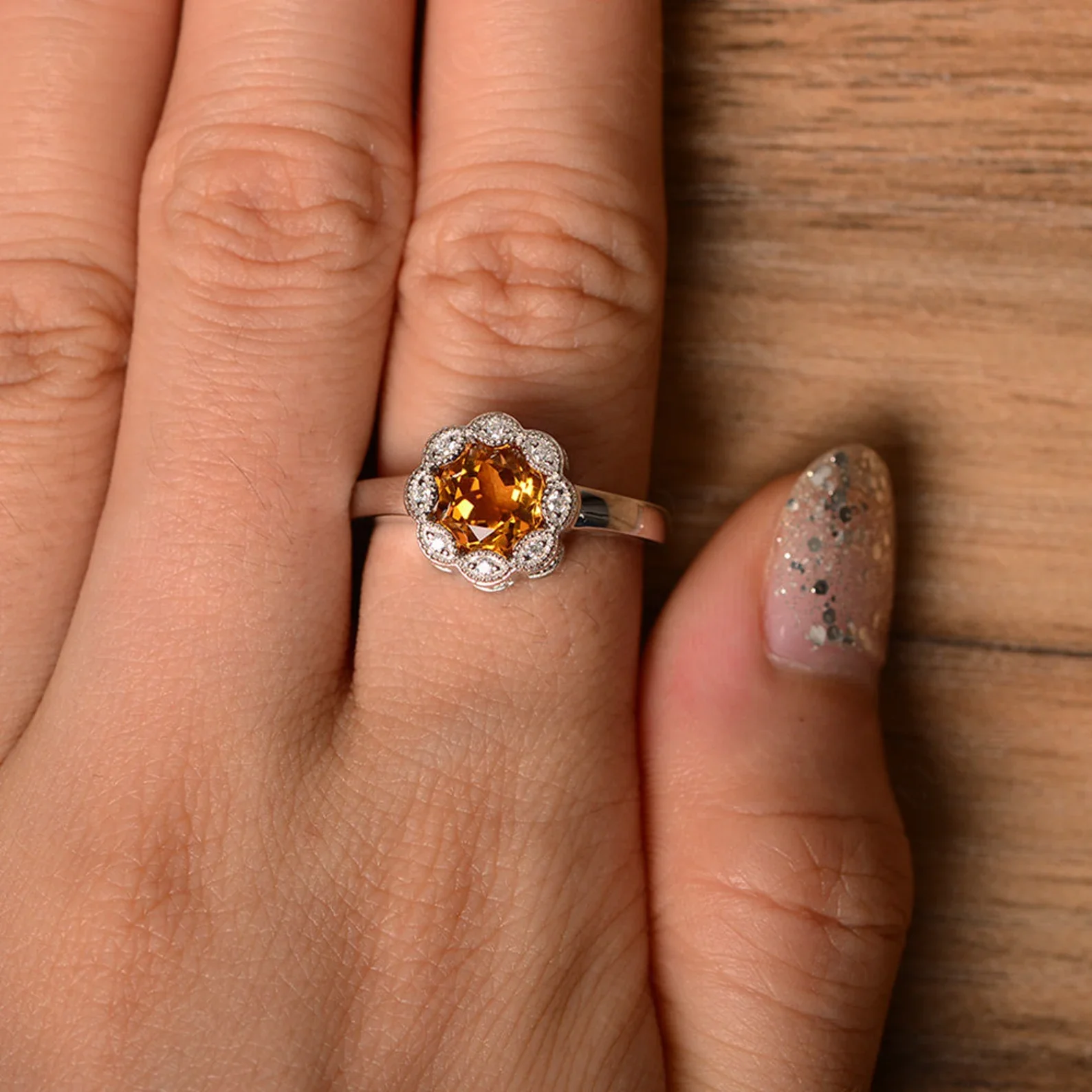 Vintage Citrine Ring Halo Flower Ring - Image 13