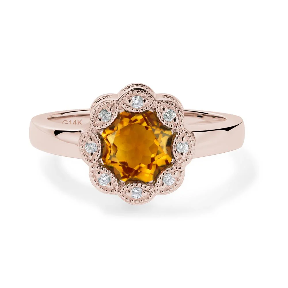 Vintage Citrine Ring Halo Flower Ring - Image 4
