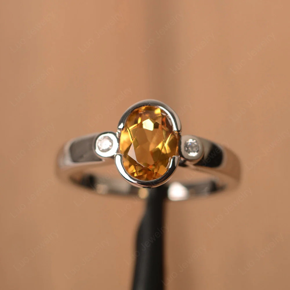 Vintage Citrine Ring Oval Bezel Set Ring