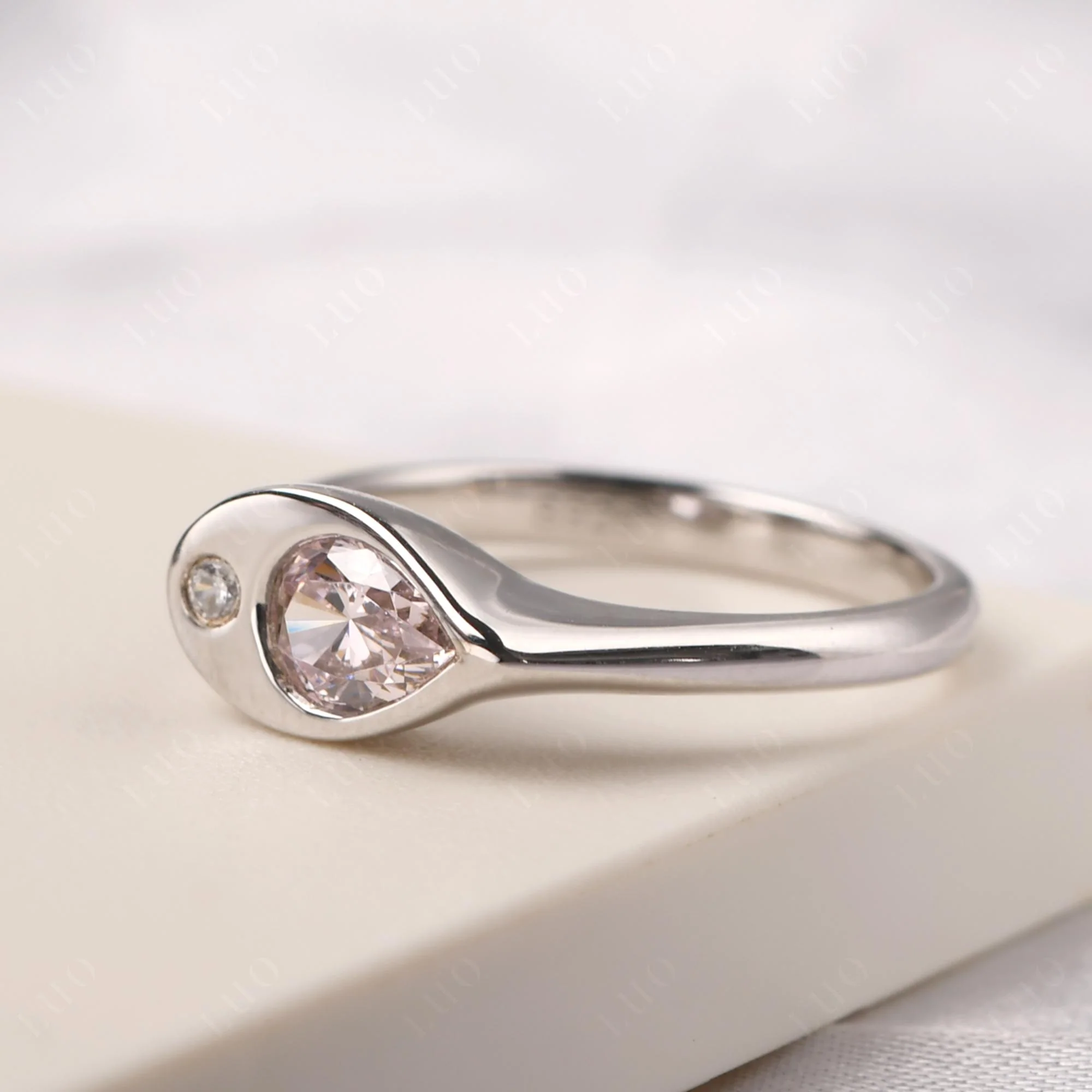 Pink Cubic Zirconia East West Pear Engagement Ring - Image 11