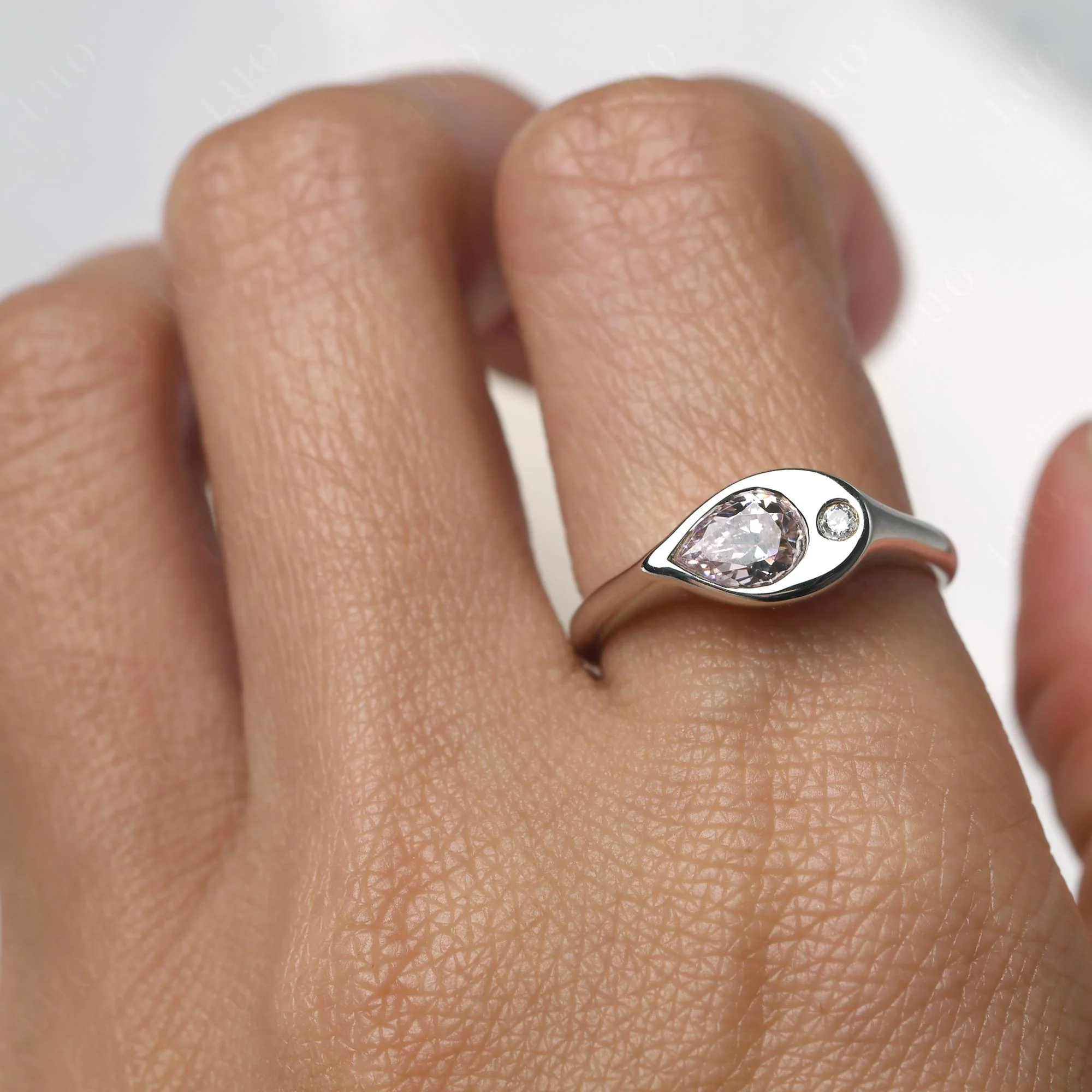 Pink Cubic Zirconia East West Pear Engagement Ring - Image 14