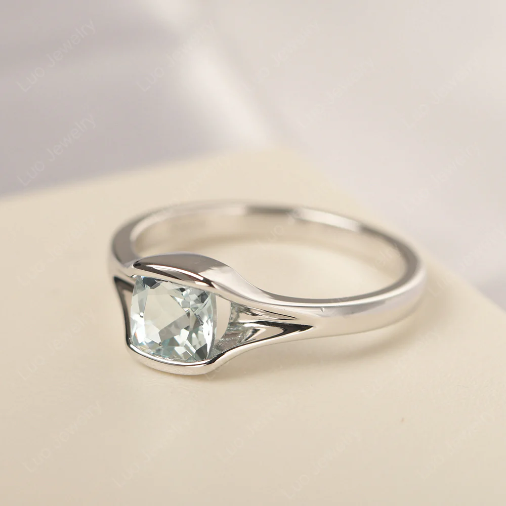 Simple Cushion Aquamarine Solitaire Ring - Image 2