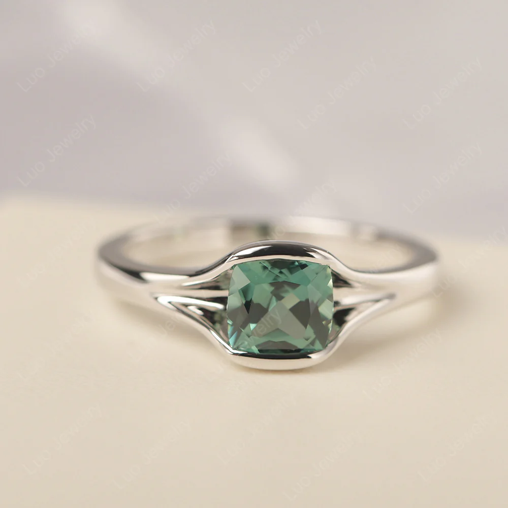 Green Sapphire Cushion Cut Promise Ring