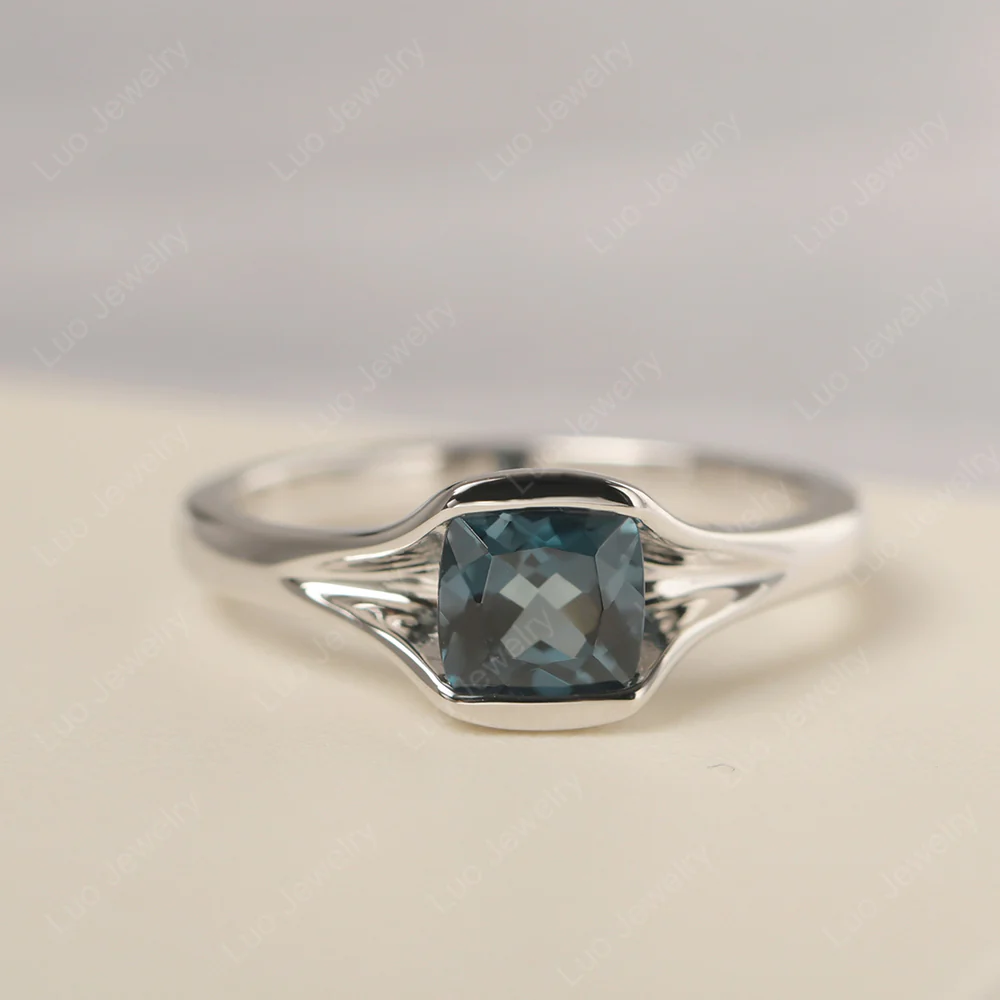 Simple Cushion London Blue Topaz Solitaire Ring - Image 3