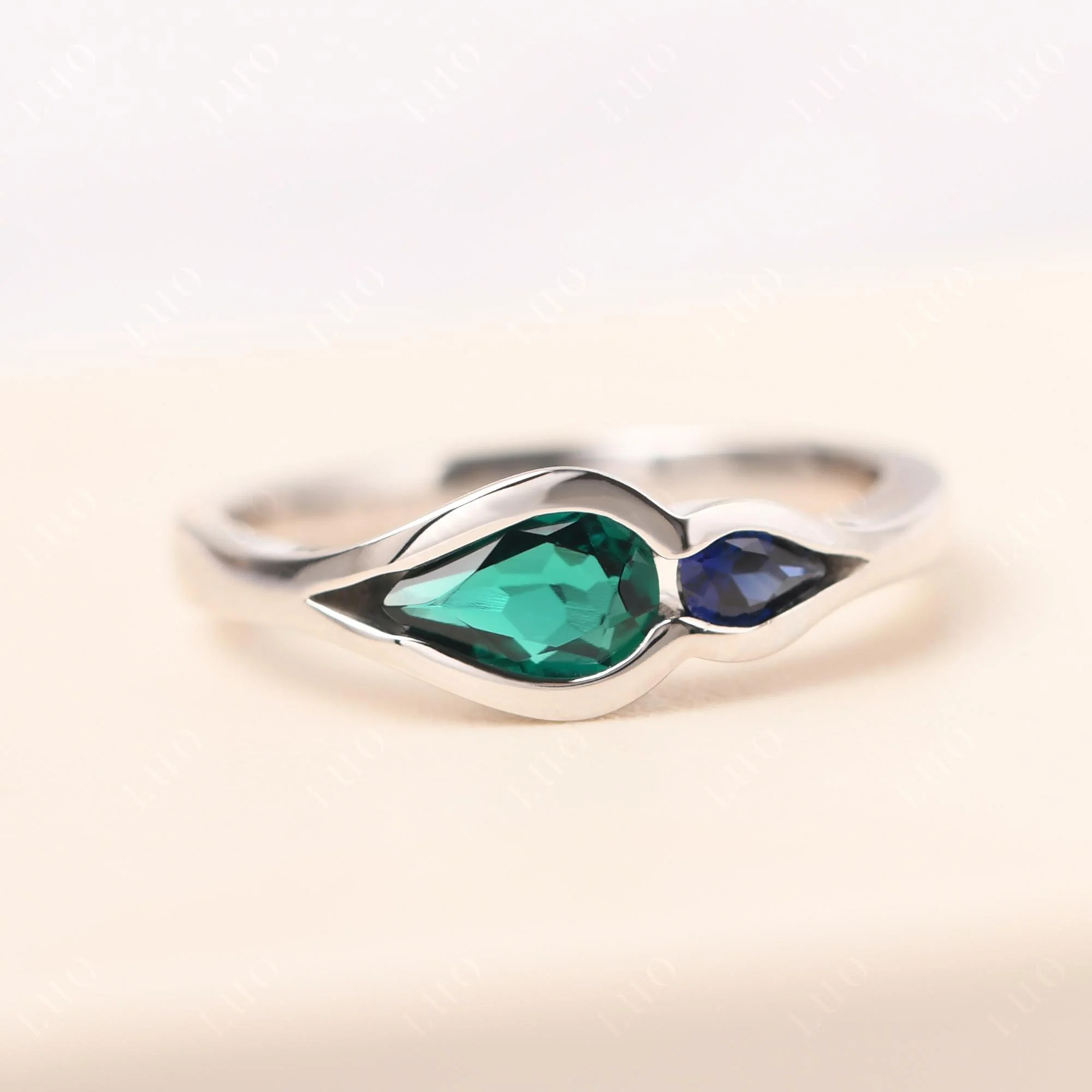 Emerald and Sapphire Bezel Pear Engagement Ring - Image 10