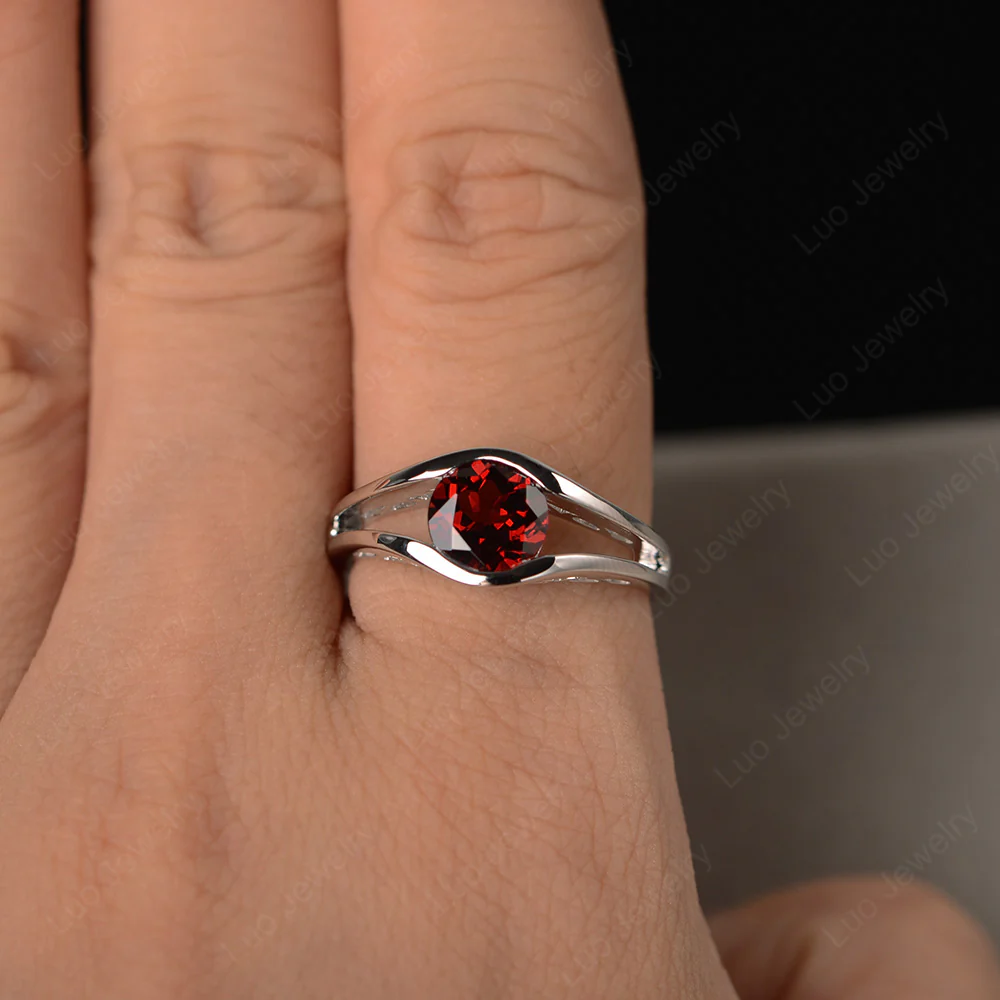 Round Garnet Solitaire Tension Ring - Image 4