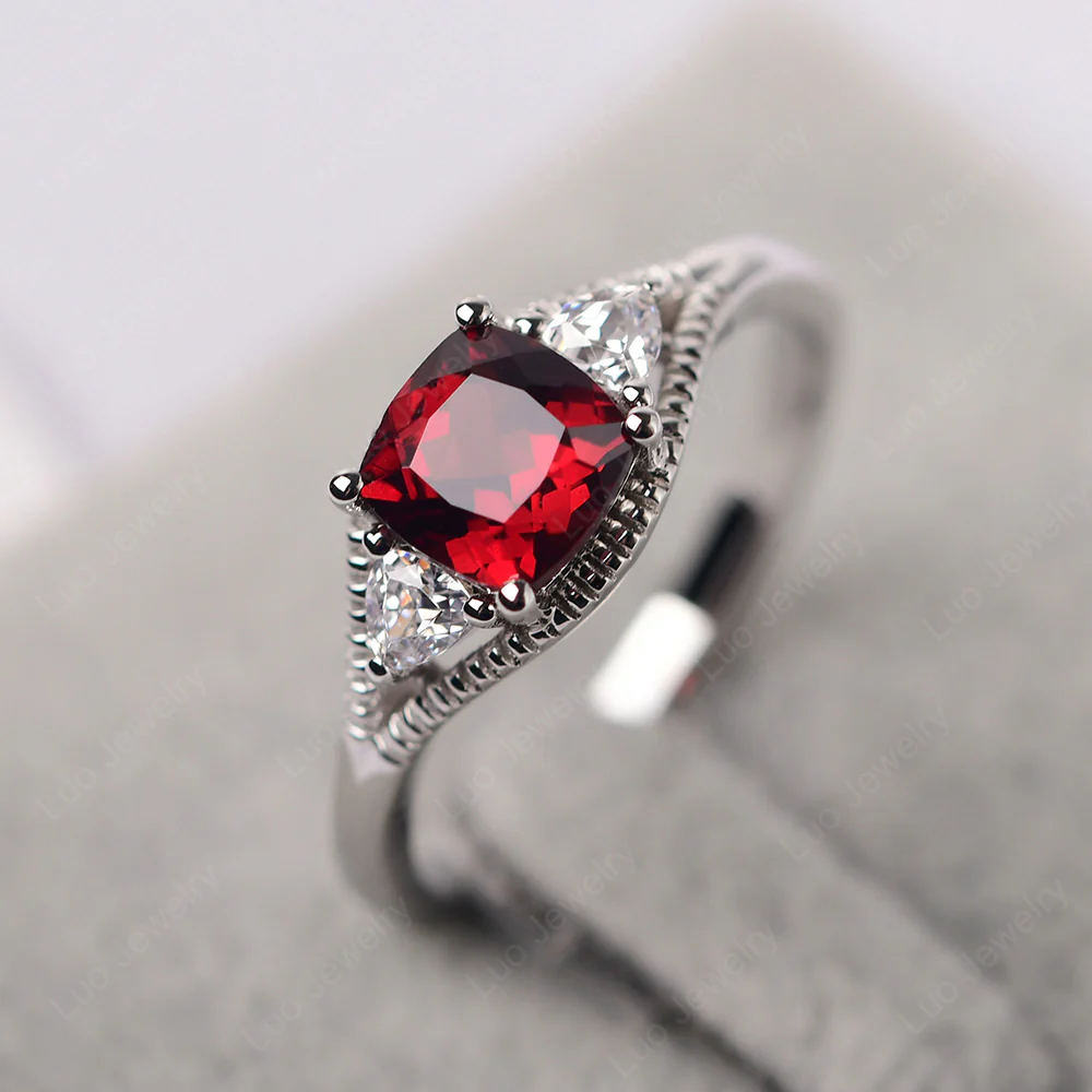 Garnet Three Stone Cushion Cut Ring - Image 3