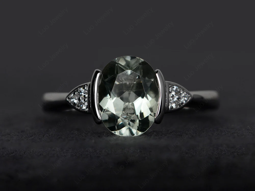 Oval Green Amethyst Half Bezel Set Ring