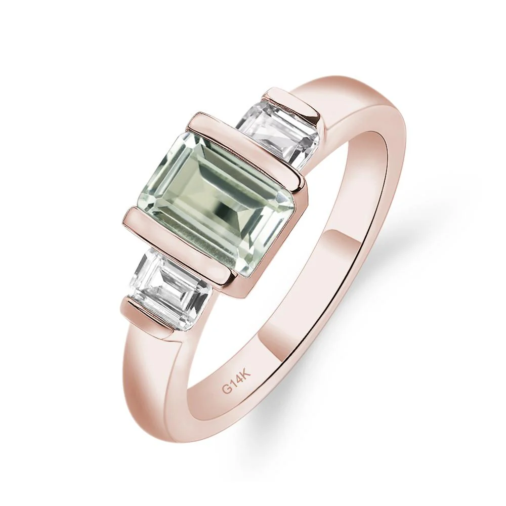 Green Amethyst Emerald Cut Three Stone Ring