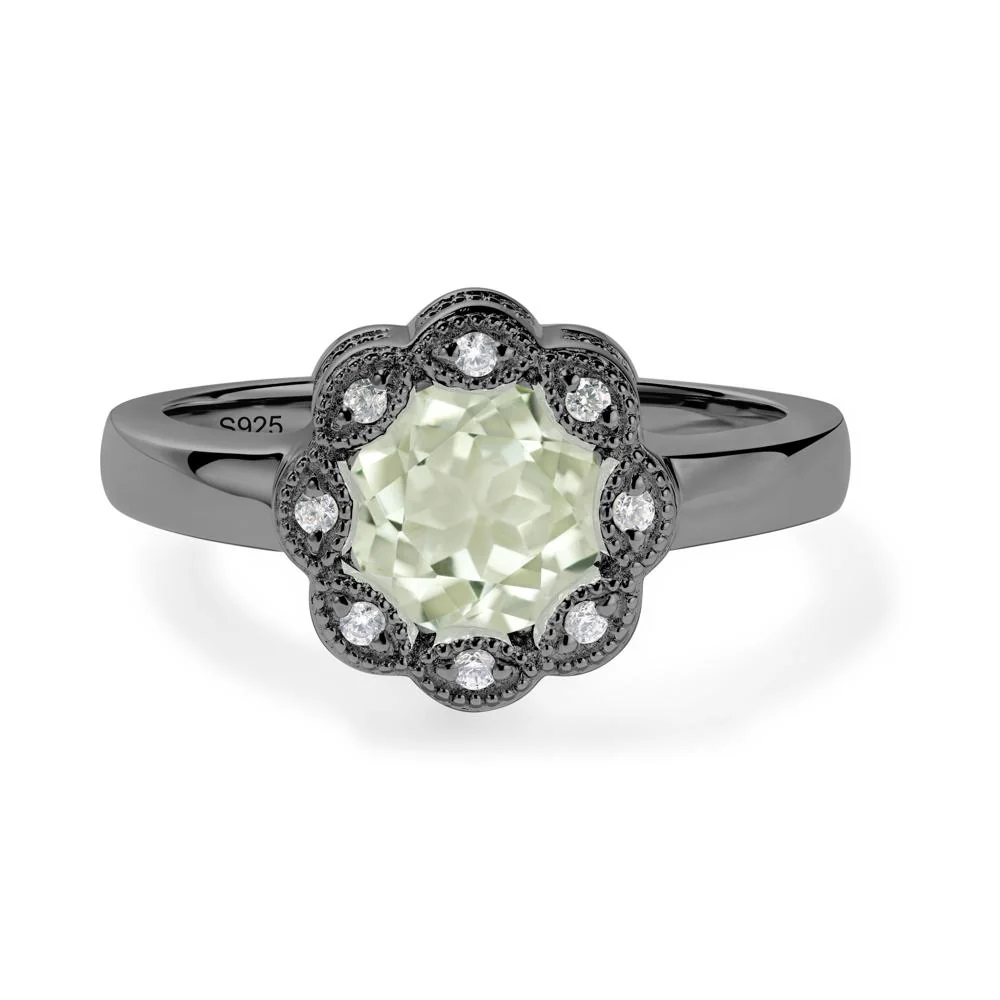 Vintage Green Amethyst Ring Halo Flower Ring - Image 2