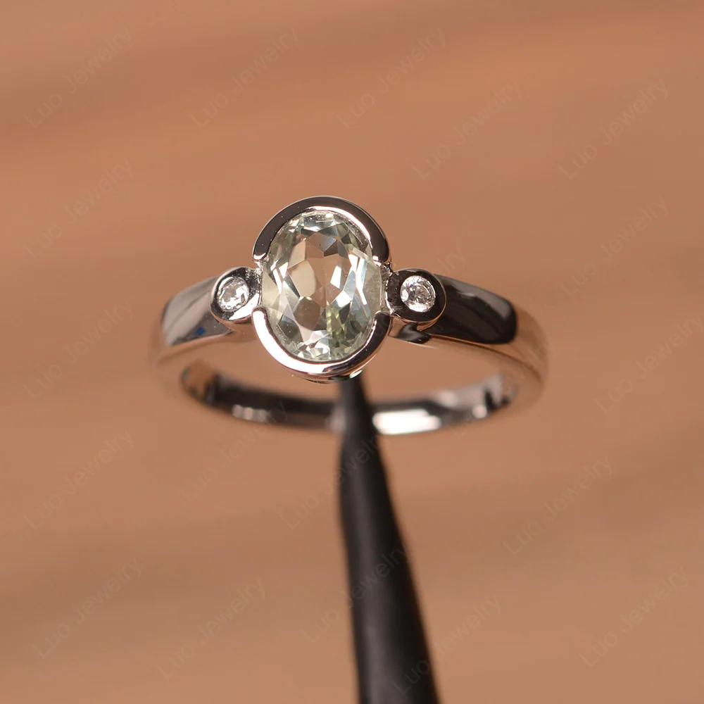 Vintage Green Amethyst Ring Oval Bezel Set Ring