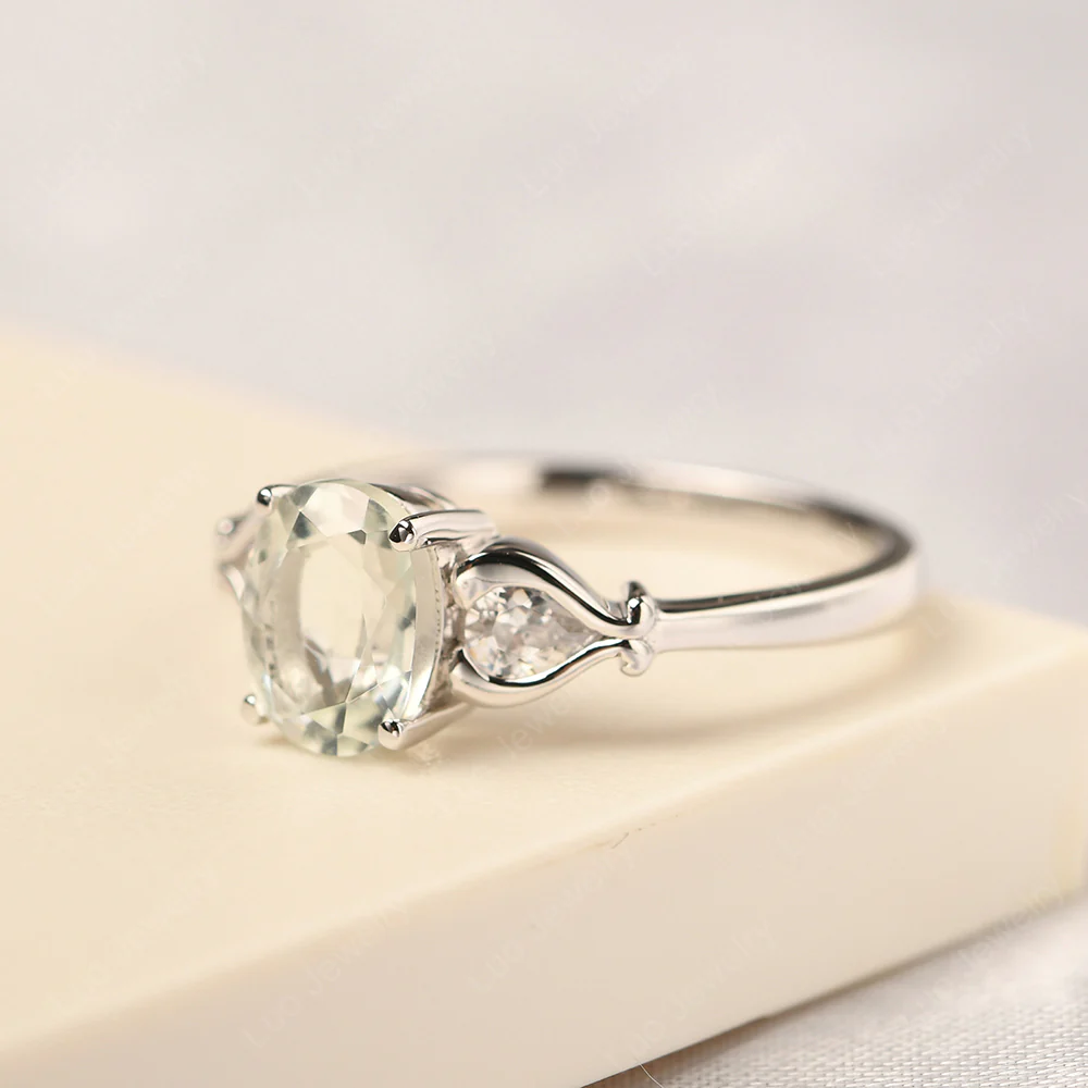 Green Amethyst Engagement Ring with Pear Side Stones - Image 2