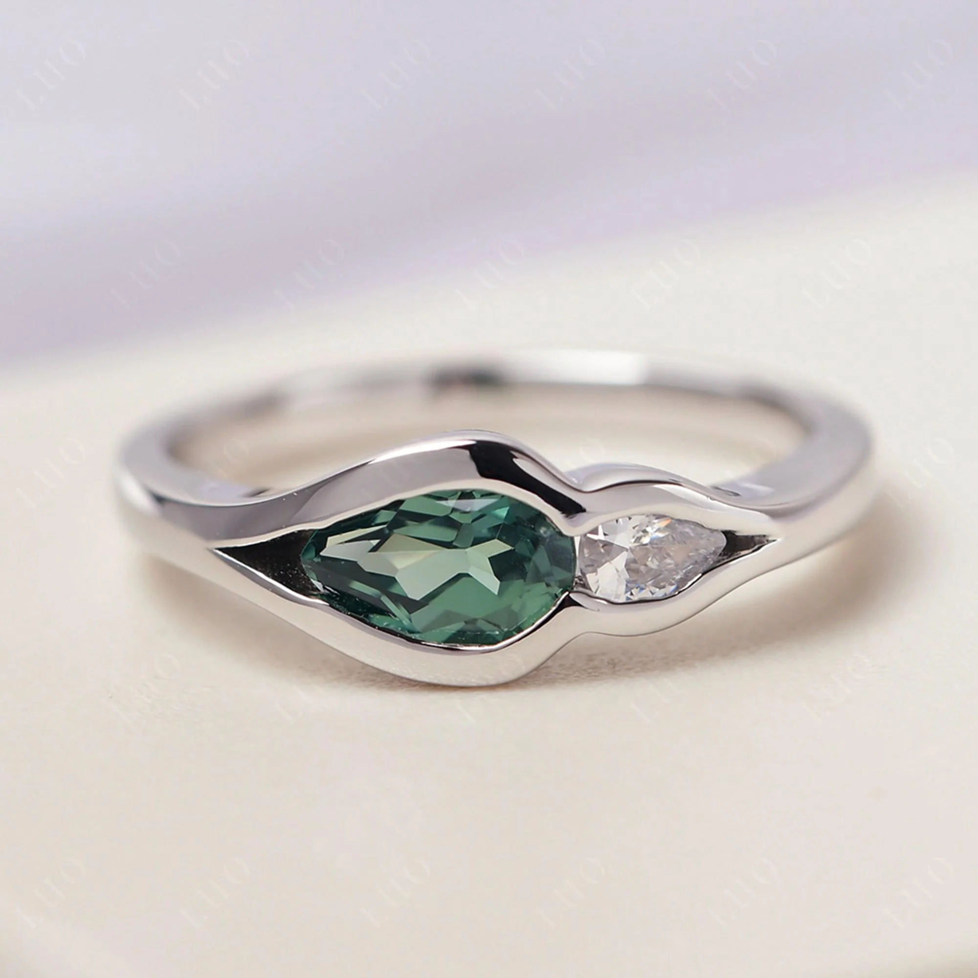 Green Sapphire Bezel Pear Engagement Ring - Image 10