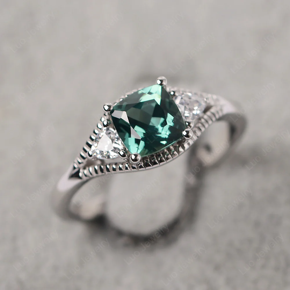 Green Sapphire Milgrain Trilogy Engagement Ring