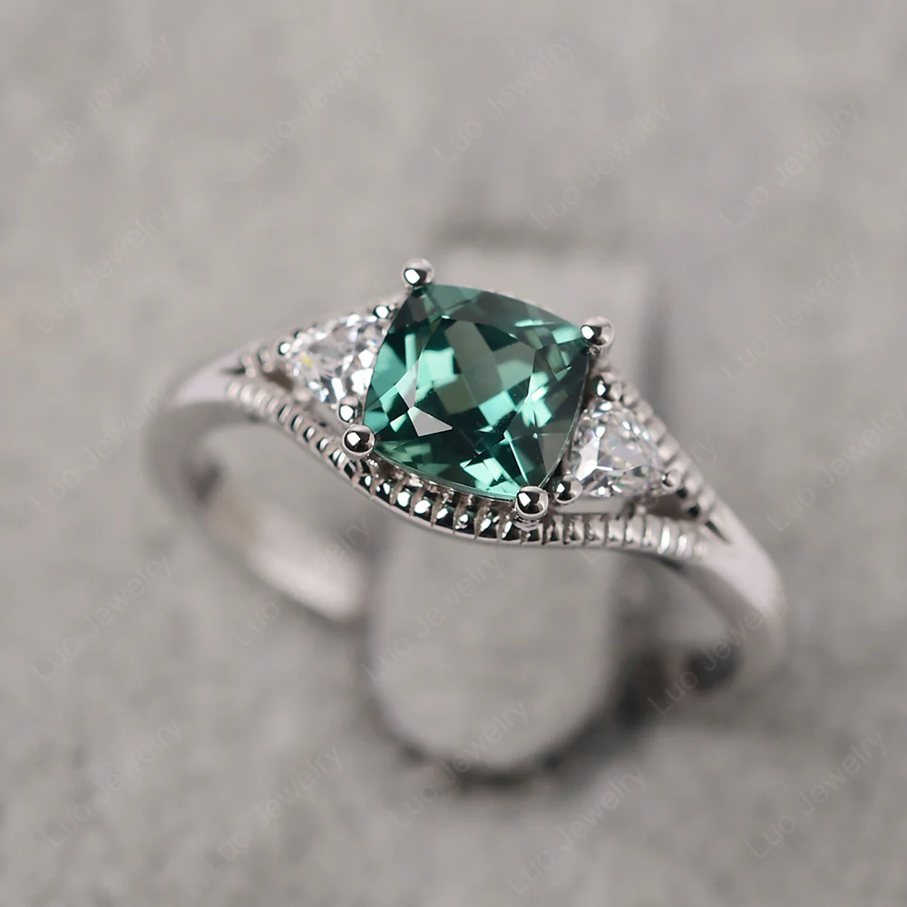 Green Sapphire Milgrain Trilogy Engagement Ring - Image 2