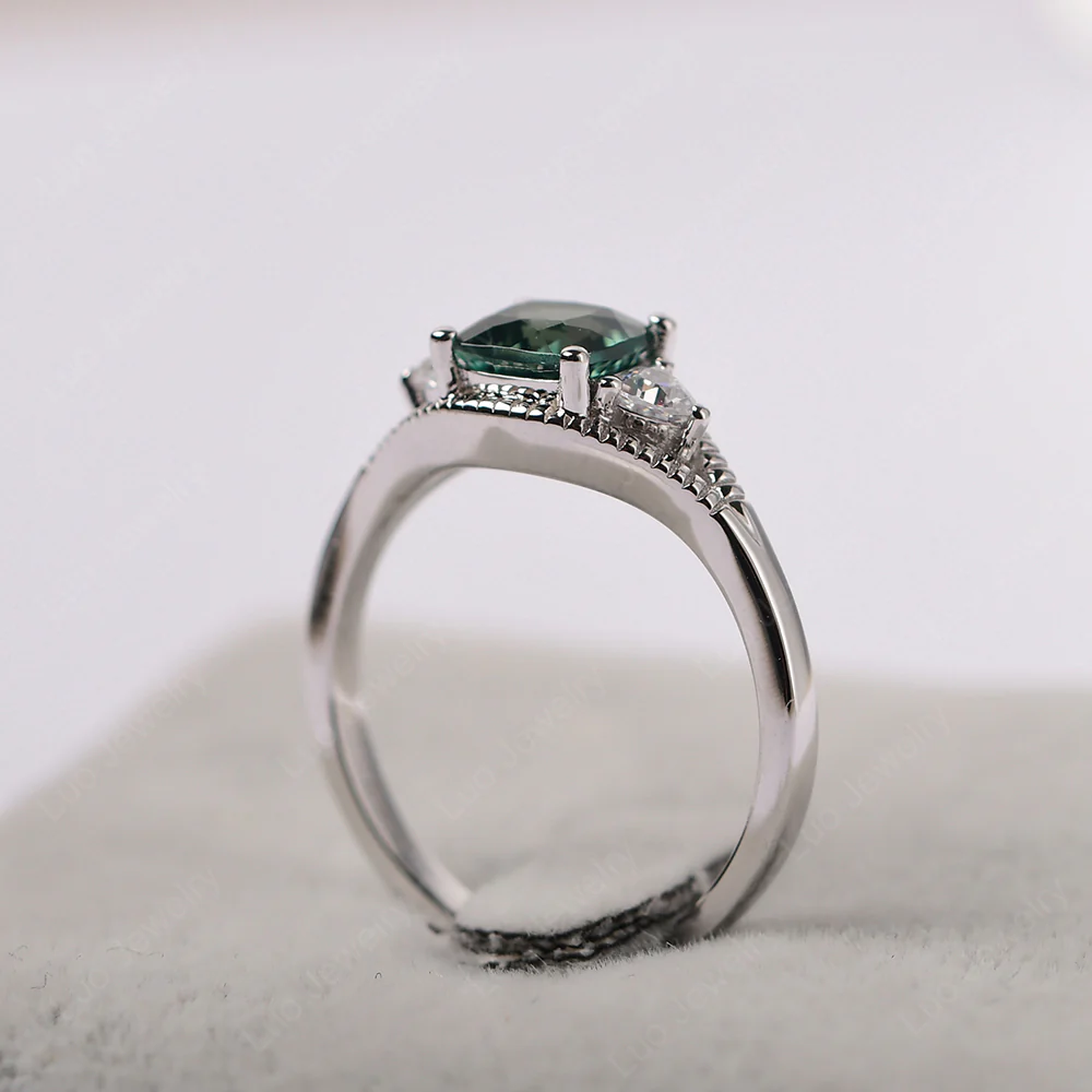 Green Sapphire Milgrain Trilogy Engagement Ring - Image 3
