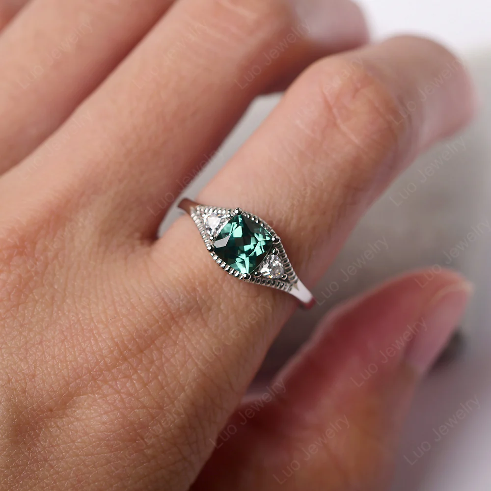 Green Sapphire Milgrain Trilogy Engagement Ring - Image 5