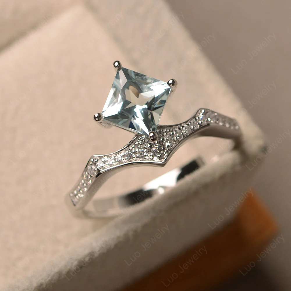 Vintage Kite Set Princess Cut Aquamarine Ring