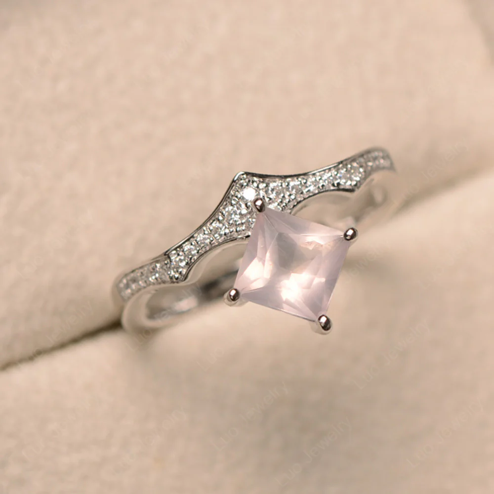 Vintage Kite Set Princess Cut Rose Quartz Ring - Image 2