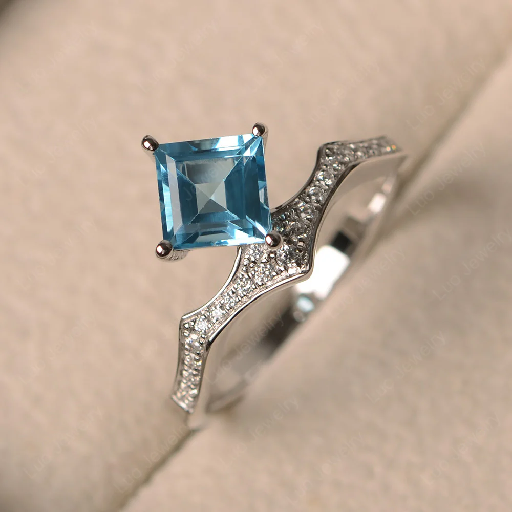 Vintage Kite Set Square Cut Swiss Blue Topaz Ring