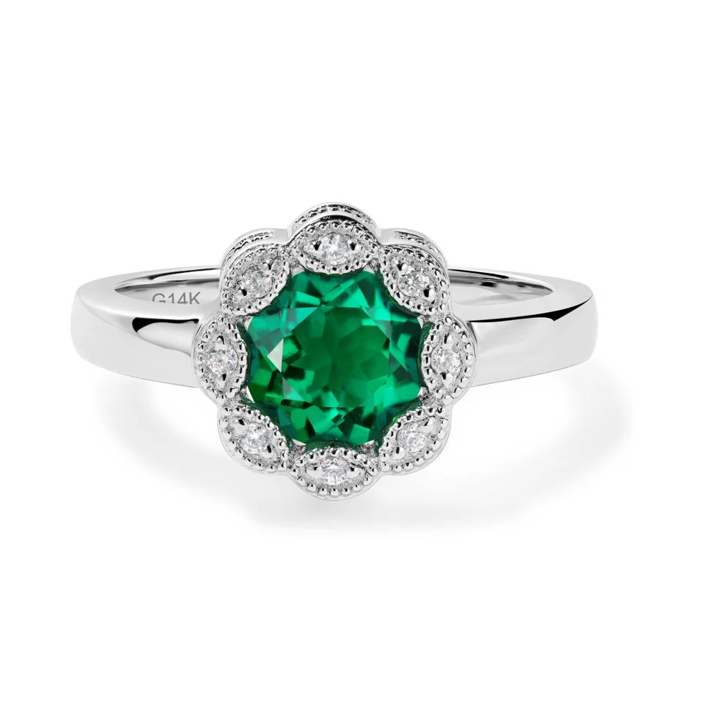 Vintage Emerald Ring Halo Flower Ring - Image 2
