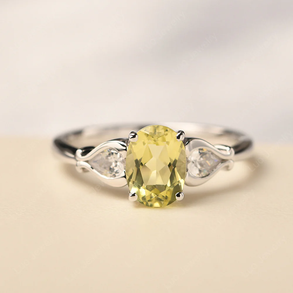 Lemon Quartz Engagement Ring with Pear Side Stones