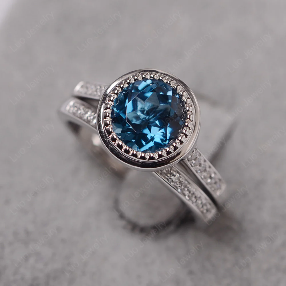 Vintage Style London Blue Topaz Bridal Rings Set - Image 2