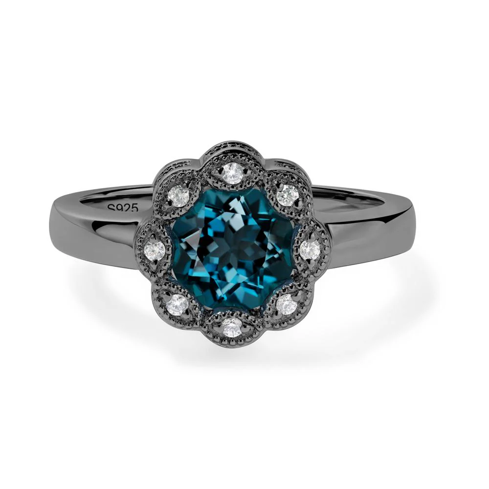 Vintage London Blue Topaz Ring Halo Flower Ring