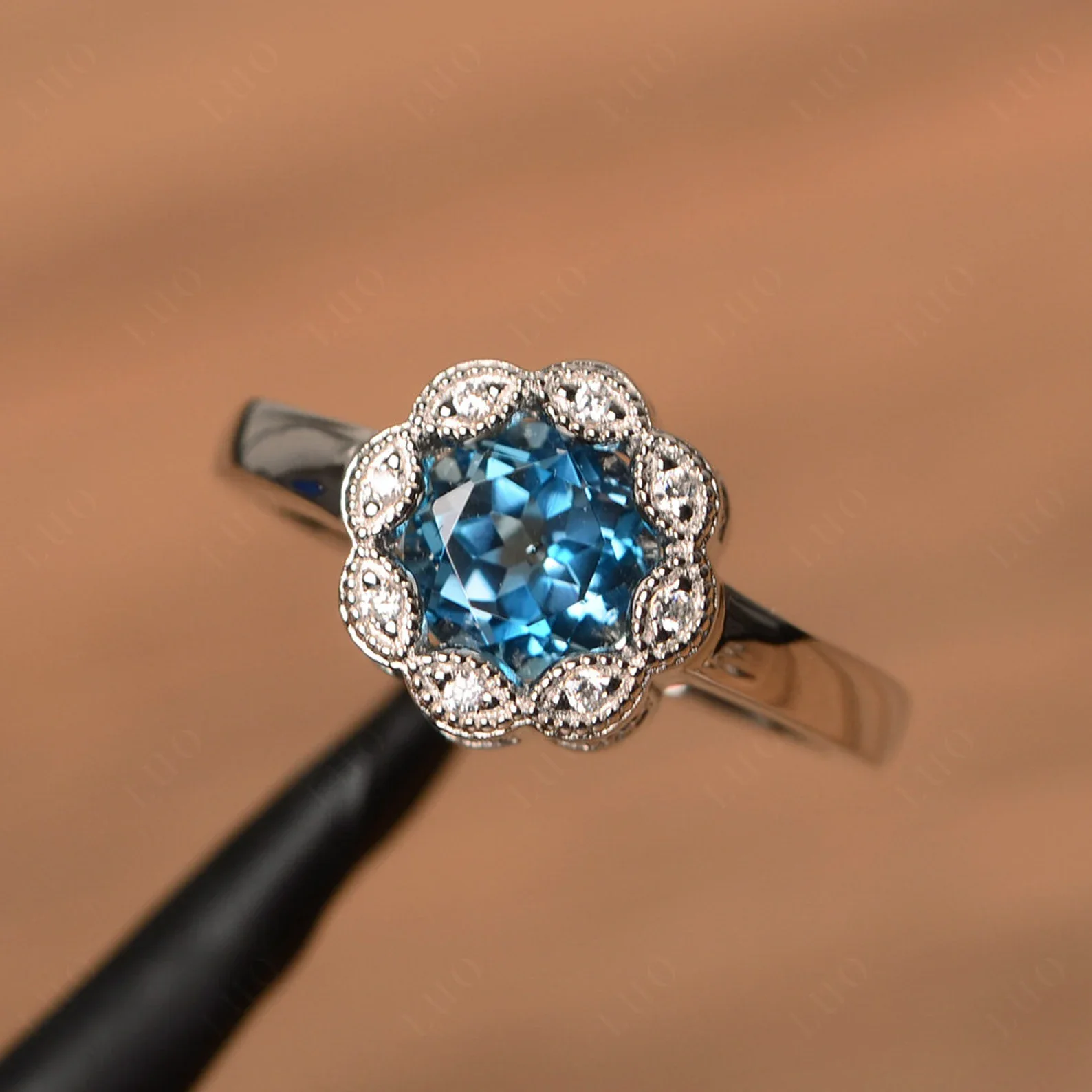 Vintage London Blue Topaz Ring Halo Flower Ring - Image 10