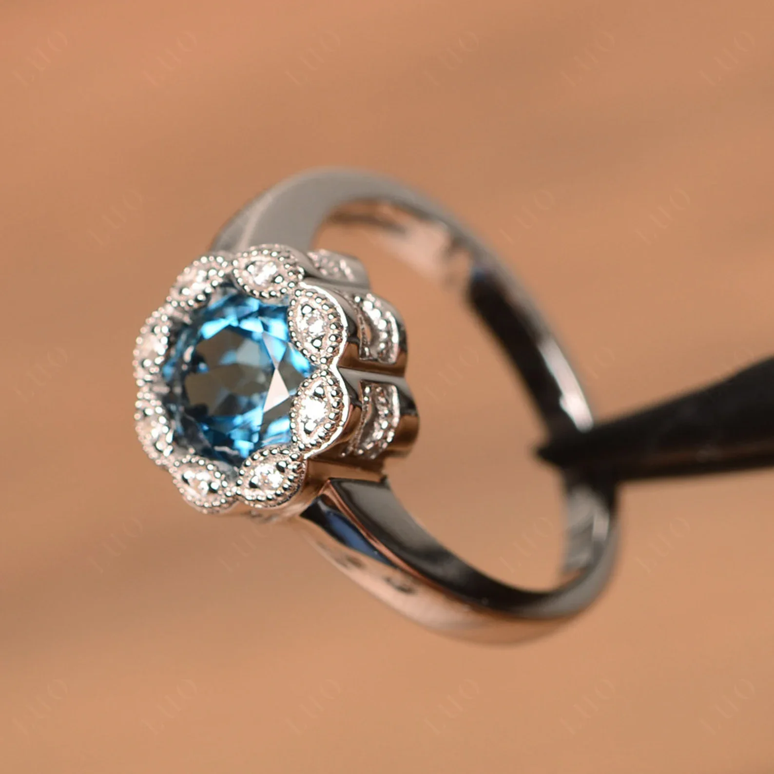 Vintage London Blue Topaz Ring Halo Flower Ring - Image 11
