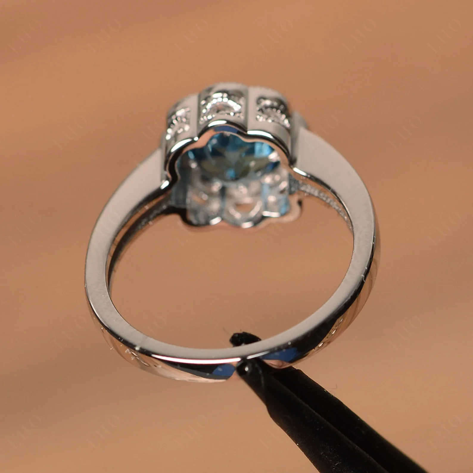 Vintage London Blue Topaz Ring Halo Flower Ring - Image 12