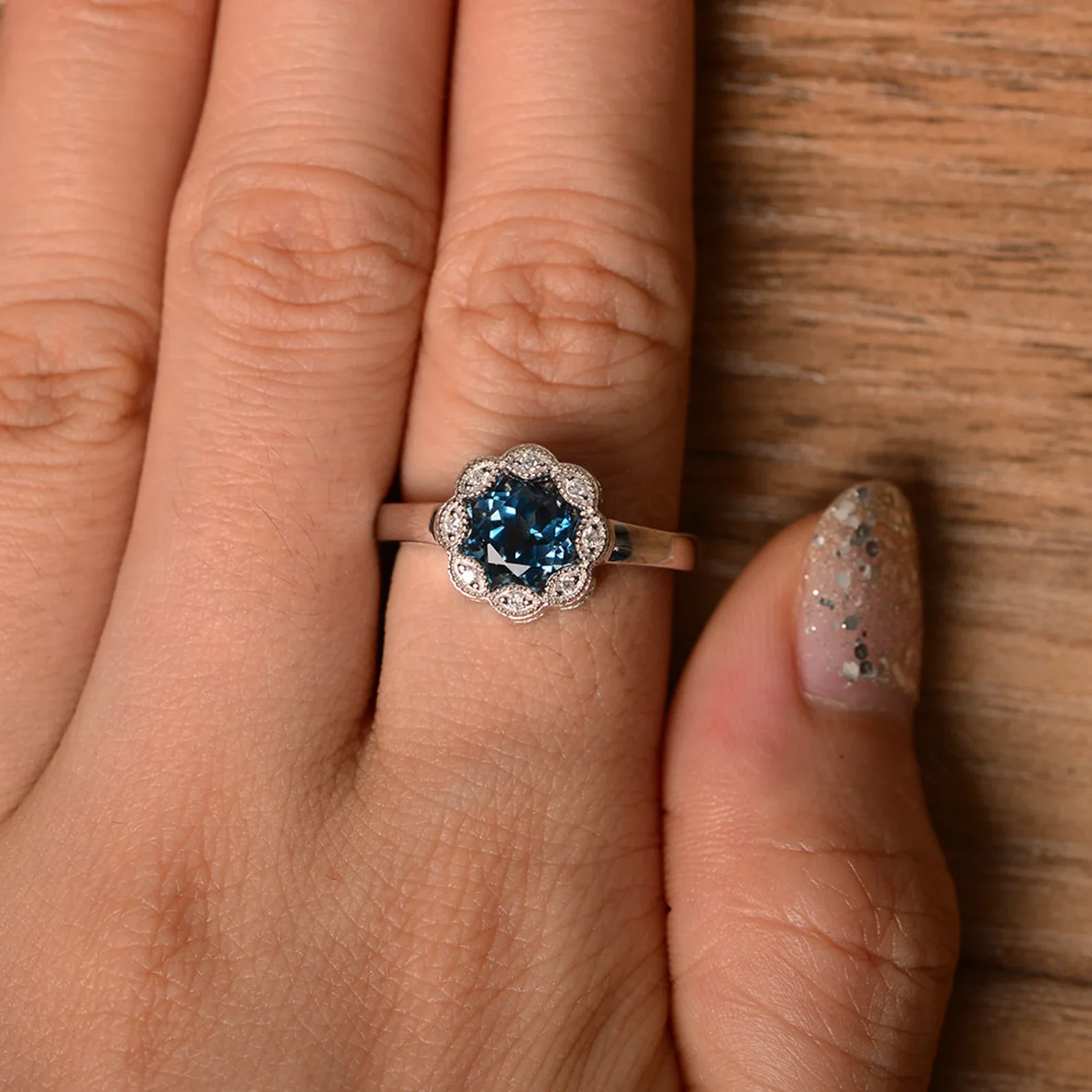 Vintage London Blue Topaz Ring Halo Flower Ring - Image 13